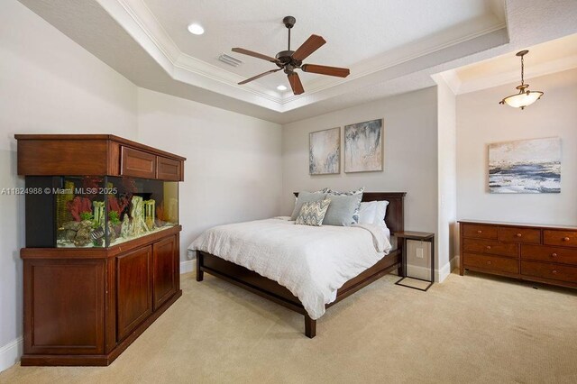 2211 Azalea Pl, Winter Park, FL 32789 - bedroom featuring crown molding, a tray ceiling, light colored carpet, recessed lighting, and ceiling fan