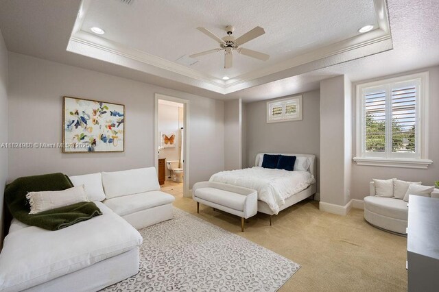 2211 Azalea Pl, Winter Park, FL 32789 - bedroom with a tray ceiling, ornamental molding, light carpet, recessed lighting, and a textured ceiling