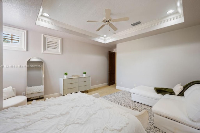 2211 Azalea Pl, Winter Park, FL 32789 - bedroom featuring a tray ceiling, ornamental molding, light colored carpet, arched walkways, and recessed lighting