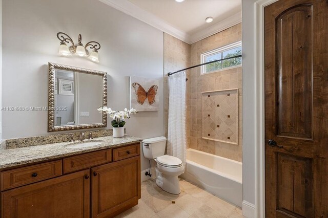 2211 Azalea Pl, Winter Park, FL 32789 - full bathroom featuring vanity, shower / bathtub combination with curtain, crown molding, and tile patterned flooring