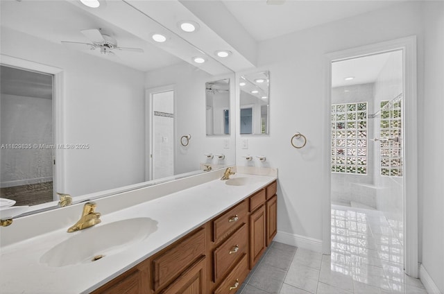 14861 SW 149th St, Miami, FL 33196 - full bathroom with double vanity, recessed lighting, ceiling fan, and tile patterned flooring