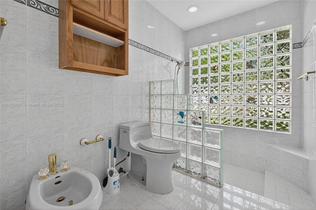 14861 SW 149th St, Miami, FL 33196 - full bathroom with tile walls, walk in shower, a bidet, and tile patterned flooring
