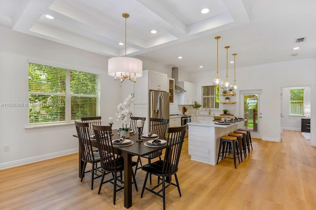 2607 Lafayette Ave, Winter Park, FL 32789 - dining space featuring recessed lighting, a chandelier, light wood-type flooring, and beamed ceiling