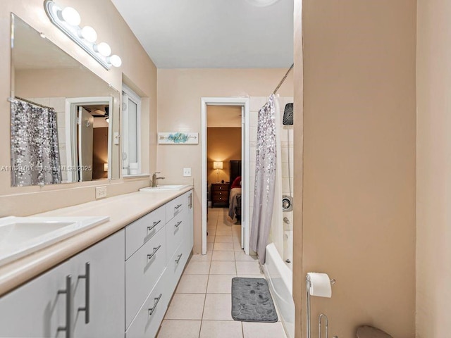 13530 SW 77th Ave, Pinecrest, FL 33156 - bathroom featuring tile patterned flooring, double vanity, and shower / tub combo with curtain