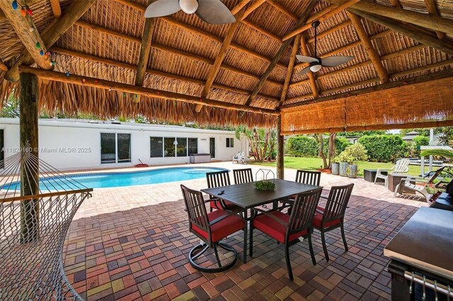 6201 SW 3rd St, Plantation, FL 33317 - swimming pool with a gazebo, a ceiling fan, outdoor dining space, and a patio