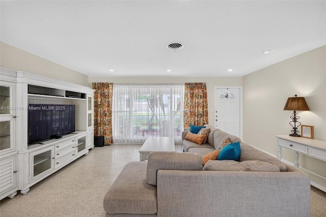 6201 SW 3rd St, Plantation, FL 33317 - living room featuring dark speckled floor and recessed lighting