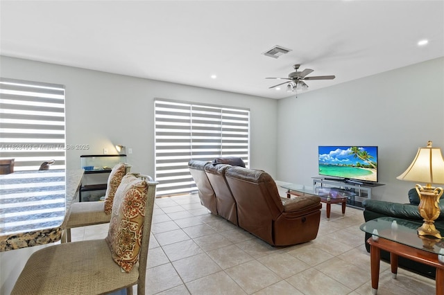 2406 SW 162nd Ter, Miramar, FL 33027 - living area featuring light tile patterned floors, ceiling fan, and recessed lighting