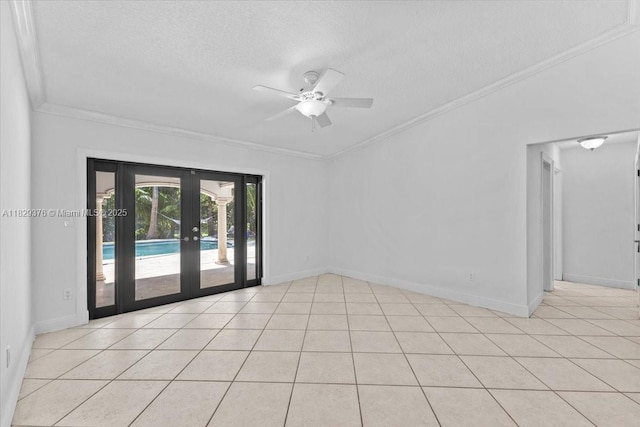 18301 SW 86th Ave, Palmetto Bay, FL 33157 - unfurnished room with french doors, ornamental molding, a textured ceiling, ceiling fan, and light tile patterned flooring