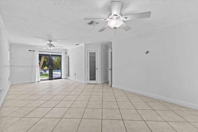 18301 SW 86th Ave, Palmetto Bay, FL 33157 - spare room featuring ceiling fan, a textured ceiling, ornamental molding, french doors, and light tile patterned floors