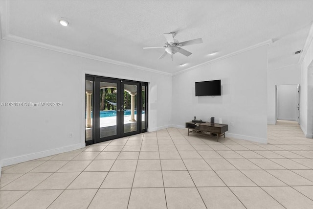 18301 SW 86th Ave, Palmetto Bay, FL 33157 - unfurnished living room with french doors, lofted ceiling, crown molding, ceiling fan, and a textured ceiling