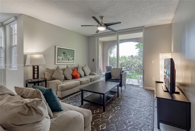 19655 E Country Club Dr Unit 6108, Aventura, FL 33180 - carpeted living room featuring a ceiling fan and a textured ceiling