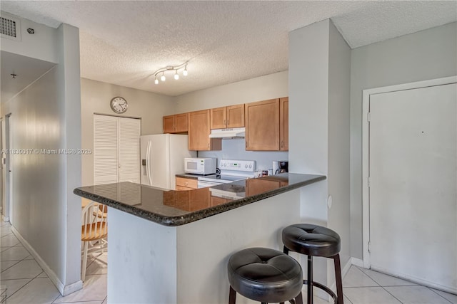 19655 E Country Club Dr Unit 6108, Aventura, FL 33180 - kitchen featuring white appliances, under cabinet range hood, light tile patterned floors, a breakfast bar area, and dark stone counters