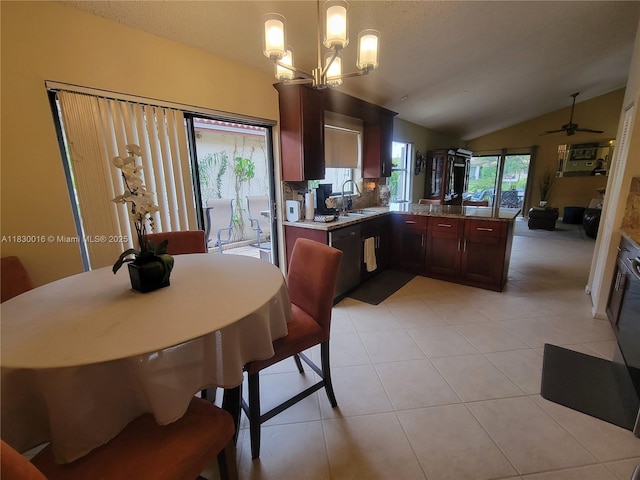 810 SW 113th Ter, Pembroke Pines, FL 33025 - dining room with vaulted ceiling, light tile patterned flooring, a chandelier, and a ceiling fan
