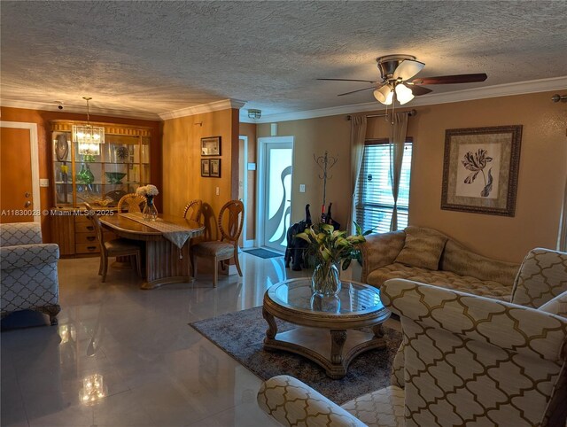11024 SW 157th Ter, Miami, FL 33157 - living area with a chandelier, ornamental molding, ceiling fan, and a textured ceiling