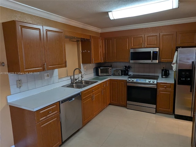 11024 SW 157th Ter, Miami, FL 33157 - kitchen featuring appliances with stainless steel finishes, brown cabinetry, crown molding, and tasteful backsplash