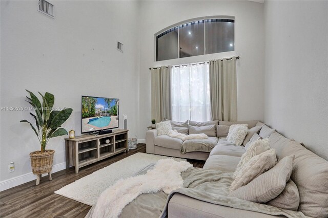 5347 SW 32nd Ter, Hollywood, FL 33312 - living area with a towering ceiling and dark wood-style floors