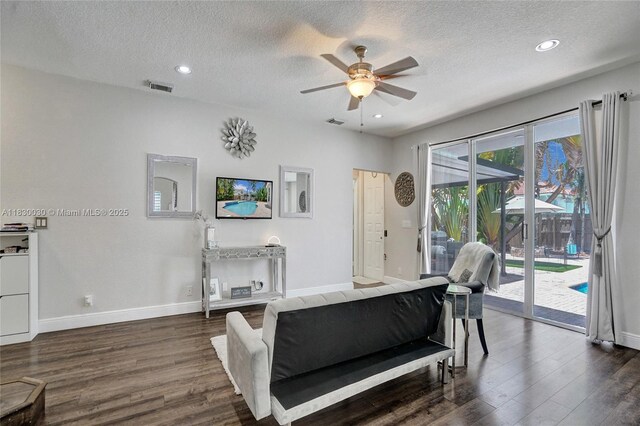 5347 SW 32nd Ter, Hollywood, FL 33312 - living area featuring ceiling fan, dark wood-type flooring, a textured ceiling, and recessed lighting