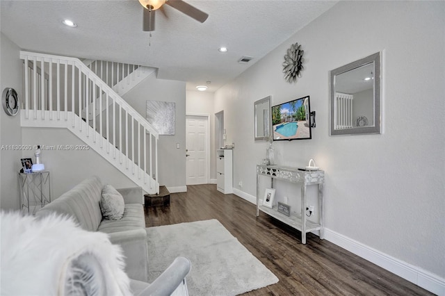 5347 SW 32nd Ter, Hollywood, FL 33312 - living area featuring stairway, wood finished floors, a ceiling fan, recessed lighting, and a textured ceiling