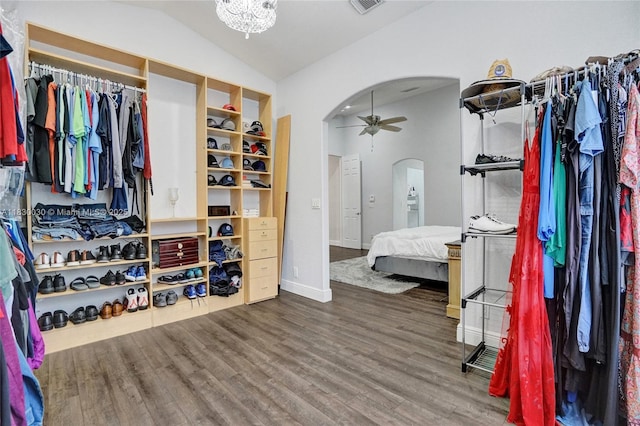5347 SW 32nd Ter, Hollywood, FL 33312 - walk in closet with arched walkways, wood finished floors, a ceiling fan, and lofted ceiling