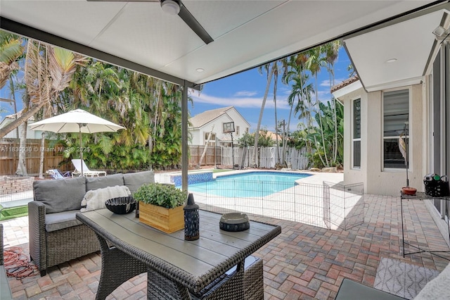 5347 SW 32nd Ter, Hollywood, FL 33312 - view of swimming pool featuring a fenced backyard, a patio, ceiling fan, and an outdoor hangout area