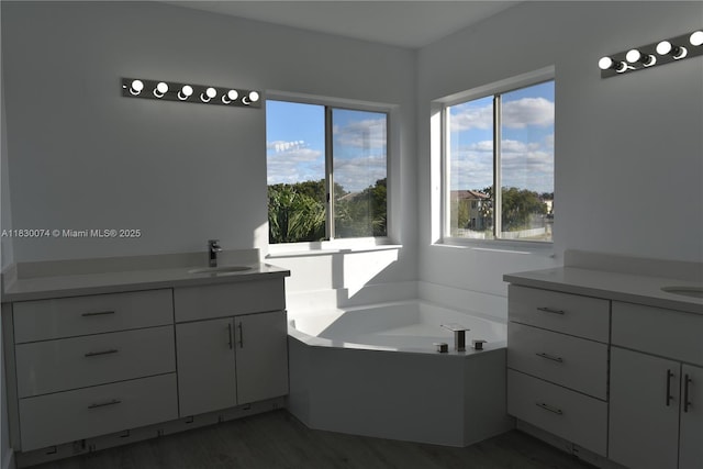 2925 SW 133rd Ave, Miramar, FL 33027 - bathroom with two vanities, a garden tub, and wood finished floors