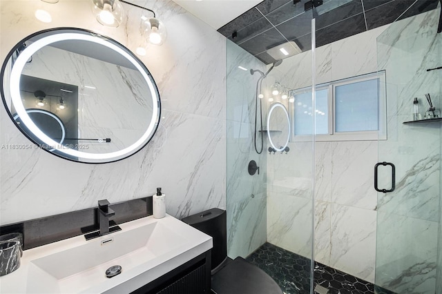 1060 Pennsylvania Ave Unit 7, Miami Beach, FL 33139 - bathroom featuring a marble finish shower, vanity, and tile walls