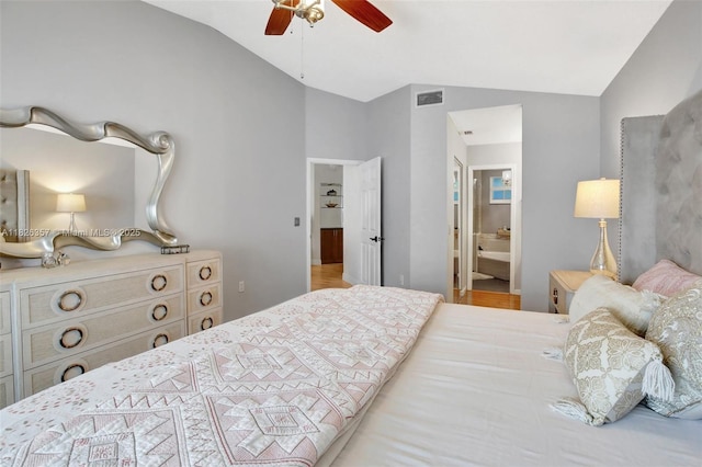 13552 NW 5th Ct, Plantation, FL 33325 - bedroom featuring vaulted ceiling, ceiling fan, and ensuite bathroom