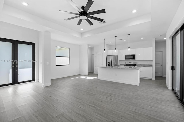 933 Gleason St, Lehigh Acres, FL 33974 - kitchen featuring appliances with stainless steel finishes, recessed lighting, white cabinets, french doors, and a tray ceiling