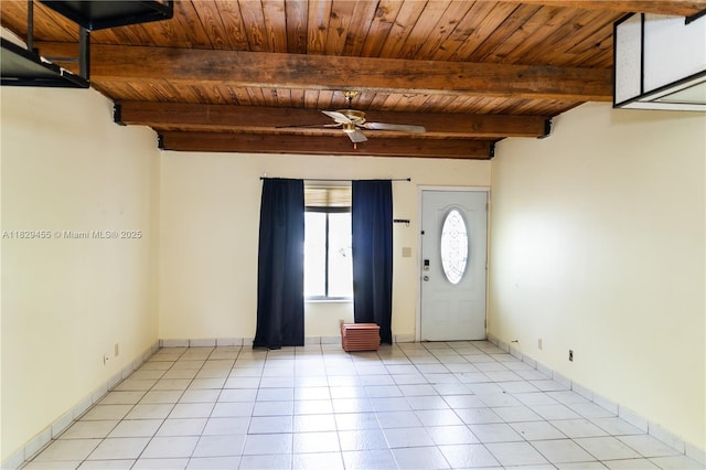 3719 Riverside Dr Unit 3719, Coral Springs, FL 33065 - foyer entrance featuring a wood ceiling with exposed beams, a ceiling fan, and light tile patterned floors