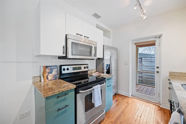 8325 NE 3rd Ave, Miami, FL 33138 - kitchen featuring stainless steel appliances, decorative backsplash, white cabinetry, light wood finished floors, and track lighting