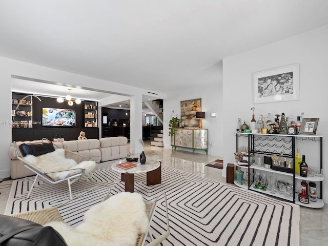 1117 Alberca St, Coral Gables, FL 33134 - living room with marble finish flooring, stairway, a chandelier, and a dry bar