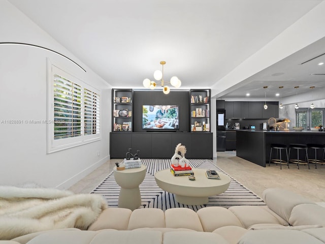 1117 Alberca St, Coral Gables, FL 33134 - living room featuring a chandelier, light colored carpet, and recessed lighting