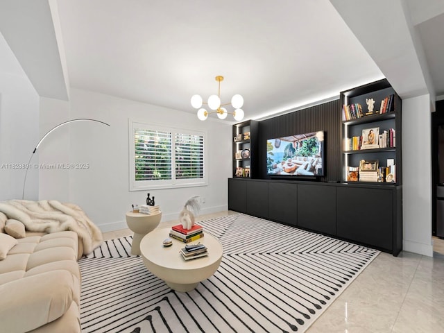 1117 Alberca St, Coral Gables, FL 33134 - living room featuring a chandelier and built in shelves