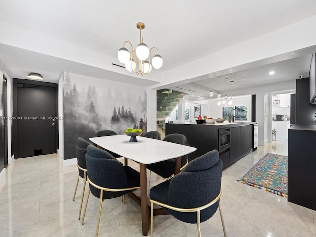 1117 Alberca St, Coral Gables, FL 33134 - dining space with stairway, a chandelier, light marble finish flooring, and recessed lighting