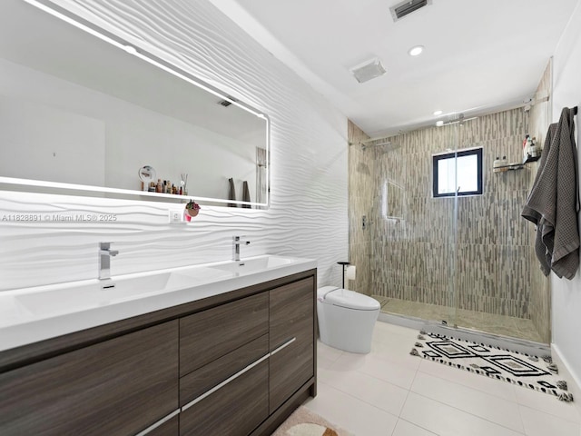 1117 Alberca St, Coral Gables, FL 33134 - bathroom with double vanity, a stall shower, tile patterned flooring, and recessed lighting