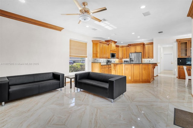 6201 Floridian Cir, Lake Worth, FL 33463 - living room with ceiling fan, recessed lighting, and light marble finish floors