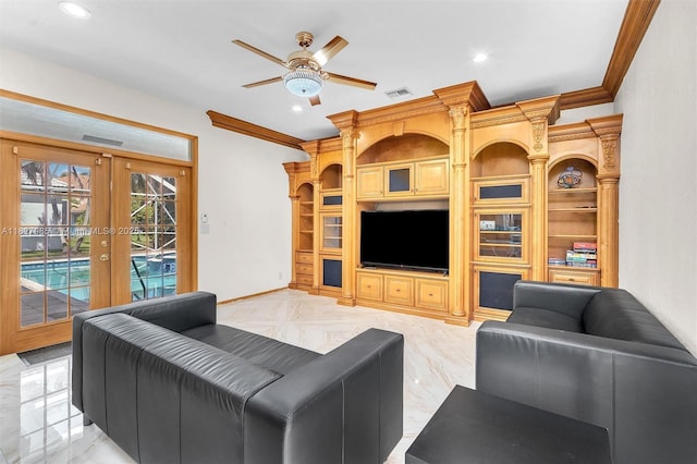 6201 Floridian Cir, Lake Worth, FL 33463 - living room featuring french doors, ornamental molding, ceiling fan, light marble finish flooring, and recessed lighting