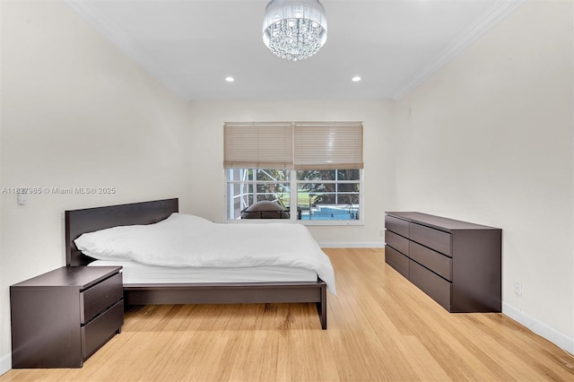 6201 Floridian Cir, Lake Worth, FL 33463 - bedroom featuring wood finished floors, ornamental molding, a chandelier, and recessed lighting