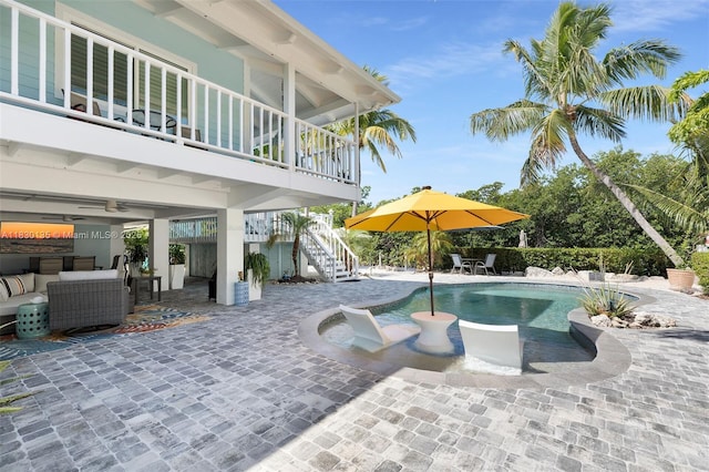 835 70th St, Gulf, Marathon, FL 33050 - outdoor pool featuring stairs, an outdoor hangout area, a patio, and ceiling fan