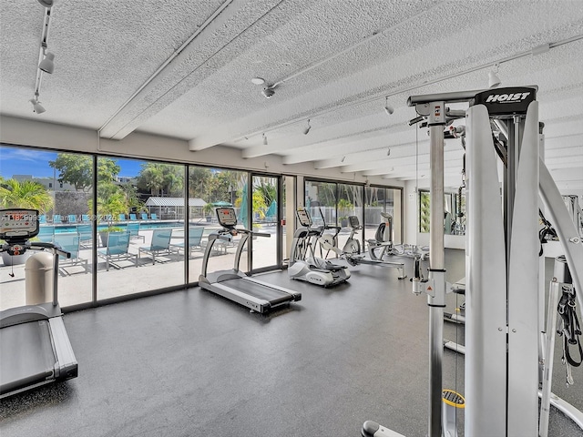 20401 NE 30th Ave Unit 310-8, Aventura, FL 33180 - gym with healthy amount of natural light, rail lighting, and a textured ceiling