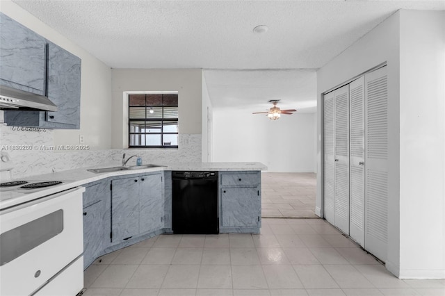 6908 SW 104th Ct, Miami, FL 33173 - kitchen featuring black dishwasher, white range with electric cooktop, light countertops, backsplash, and a textured ceiling