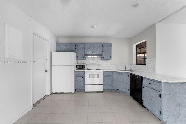 6908 SW 104th Ct, Miami, FL 33173 - kitchen featuring white appliances, under cabinet range hood, backsplash, a textured ceiling, and electric panel