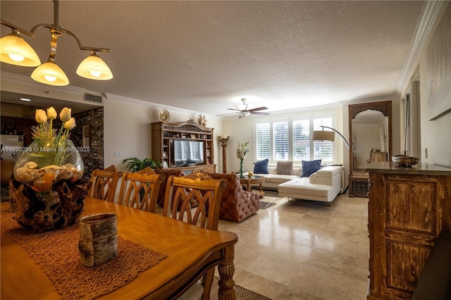 9 NE 20th Ave Unit 201, Deerfield Beach, FL 33441 - dining room featuring crown molding, a textured ceiling, and ceiling fan