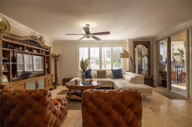 9 NE 20th Ave Unit 201, Deerfield Beach, FL 33441 - living area featuring crown molding, ceiling fan, a textured ceiling, and light tile patterned flooring