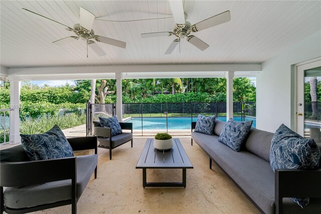 431 Gerona Ave, Coral Gables, FL 33146 - view of swimming pool with a fenced backyard, a patio, and ceiling fan