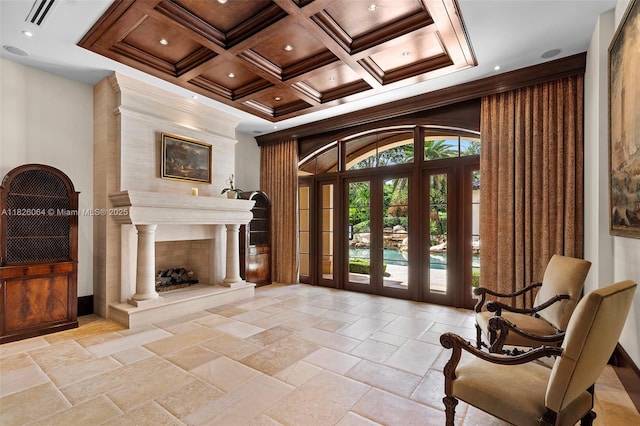10101 SW 60th Ct, Pinecrest, FL 33156 - sitting room featuring coffered ceiling, stone tile floors, beam ceiling, ornamental molding, and recessed lighting