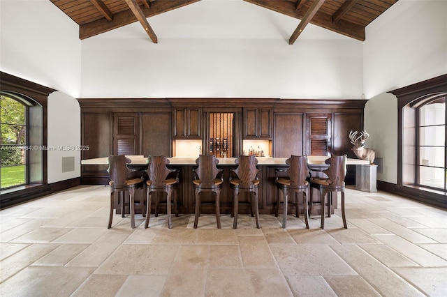 10101 SW 60th Ct, Pinecrest, FL 33156 - indoor bar with high vaulted ceiling, stone tile flooring, and a wooden ceiling with exposed beams