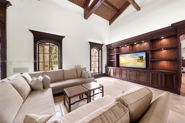 10101 SW 60th Ct, Pinecrest, FL 33156 - living room featuring high vaulted ceiling and a wood ceiling with exposed beams