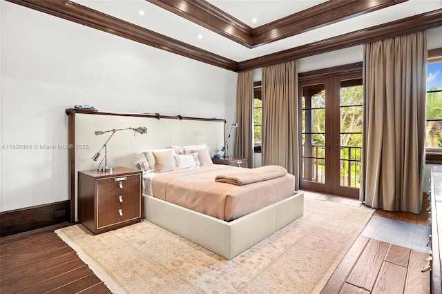 10101 SW 60th Ct, Pinecrest, FL 33156 - bedroom with french doors, crown molding, hardwood / wood-style flooring, and access to exterior