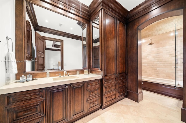 10101 SW 60th Ct, Pinecrest, FL 33156 - bathroom featuring vanity, shower / bath combination, and ornamental molding
